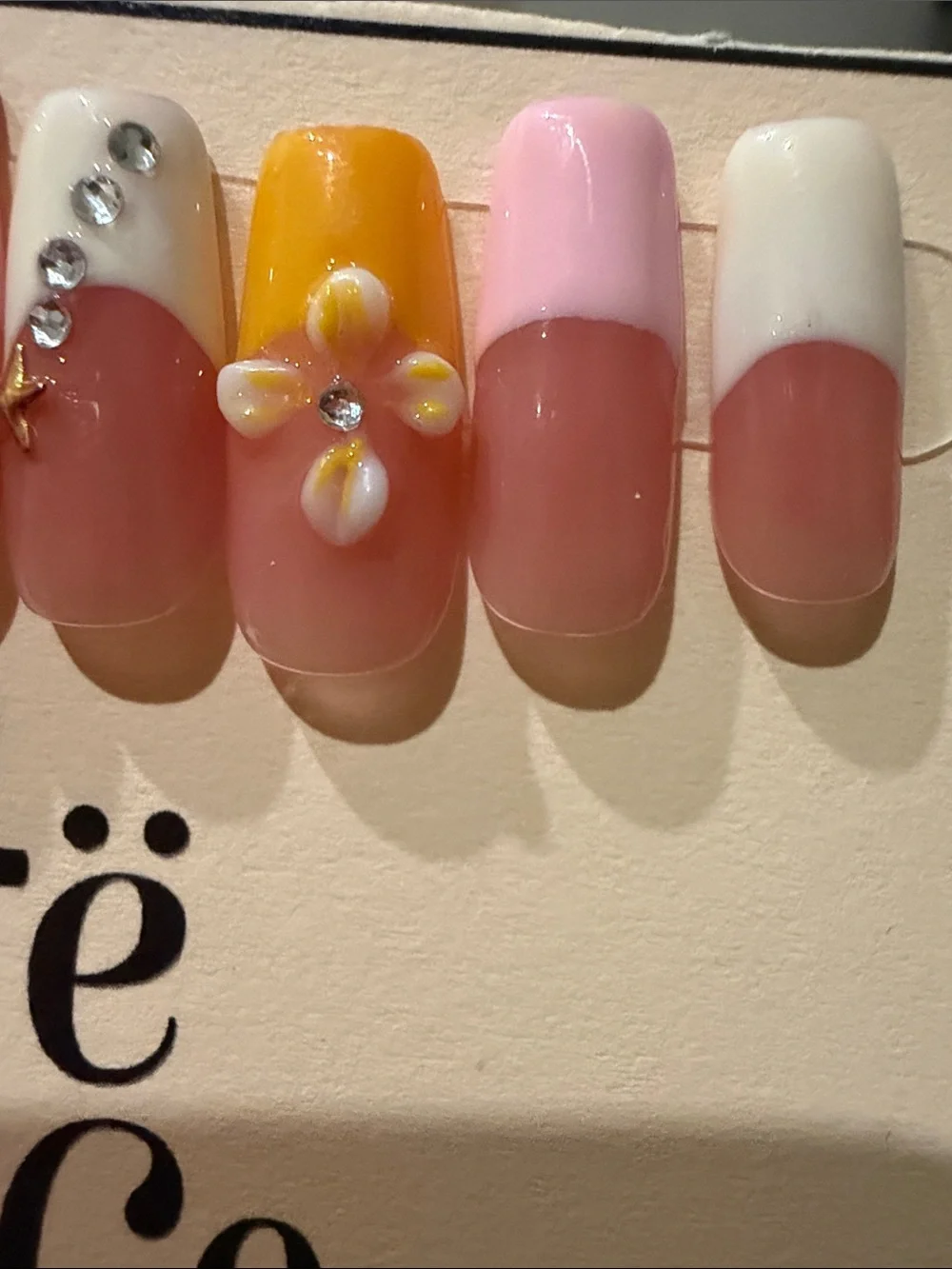 Pink, White & Yellow Floral handmade acrylic Press-On Nail Set